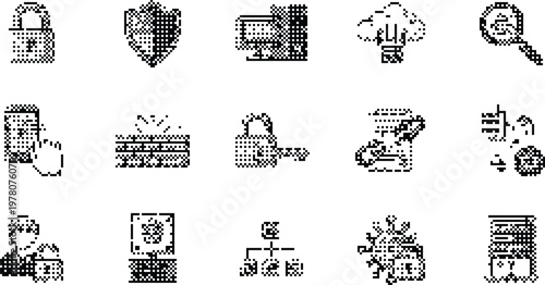 Gradient Background Halftone Pixeleted Bitmap Dither Cyber Security Icons Vector Illustration Set