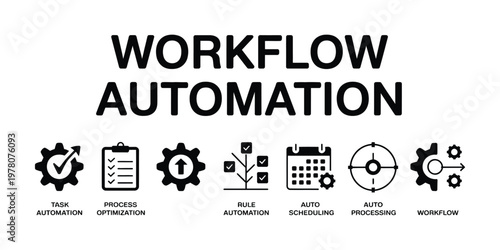 workflow automation banner, vector illustration, featuring icons of workflow automation, task Automation, process optimization, rule automation, auto scheduling, auto processing, and workflow engine.