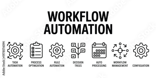 workflow automation banner, vector illustration, featuring icons of workflow automation, task Automation, process optimization, rule automation, auto scheduling, auto processing, and workflow engine.