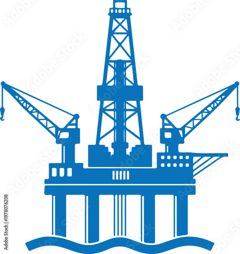 Offshore drilling platform icon showing blue silhouette of oil rig station on ocean waves with cranes and derrick