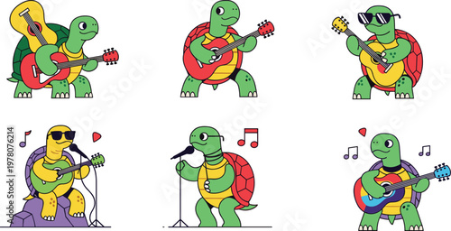 Musical Turtles Vector Set Featuring Cute Turtles Playing Guitars, Singing, and Rocking Out with Music Notes for Fun Animal and Music Illustrations