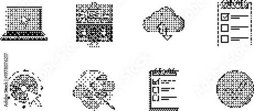 gradient background halftone pixeleted bitmap dither vector icons laptop cloud checklist cursor isolated on white