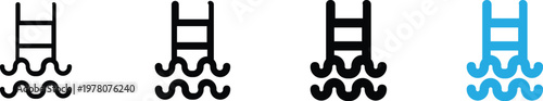 Set of swimming pool ladder icons in various styles, including outline, solid, and blue variations