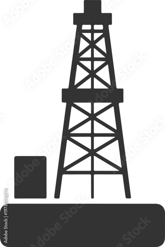 Oil rig derrick with production facilities and pipeline on black and white transparent background