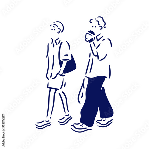 【カップル】コーヒーを飲みながらゆったり歩く男女のイラスト素材