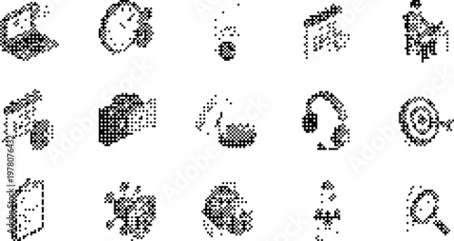 Business Icons Pixelated Bitmap Halftone Dotted Dither Vector Set