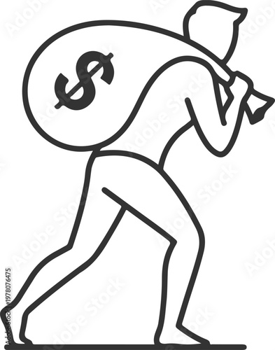 Person carrying large heavy money bag with dollar sign depicting financial burden wealth accumulation or robbery