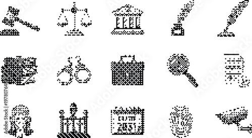 Law Justice Icons Pixelated Bitmap Halftone Dotted Dither Vector Set