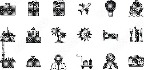 Travel Icons Pixeleted Bitmap Halftone Dotted Dither Vacation Tourism Holiday Journey Trip Luggage Passport Airplane Hot Air Balloon Cruise Ship Castle Palm Tree Sun Hotel Bed Restaurant Bellhop