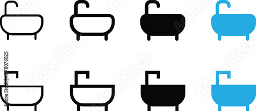 Set of bathtub icons, vector illustration of bathroom tub symbols in different styles including outline, bold, solid, and blue flat design