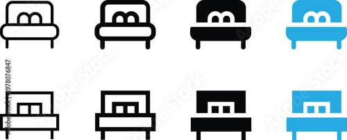 Set of bed icons, vector illustration of bedroom furniture symbols in different styles including outline, bold, solid, and blue flat design