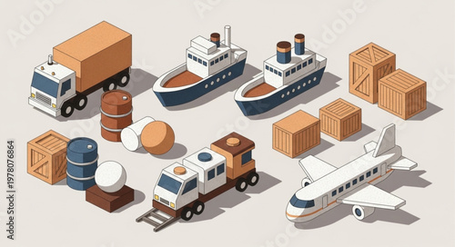 Collection of isometric transportation and cargo vehicles.