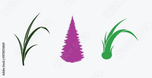 A collection of stylized botanical vector icons featuring blades of grass and a purple conifer