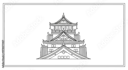 Japanese Castle Illustration, Traditional Architecture, Outline Drawing