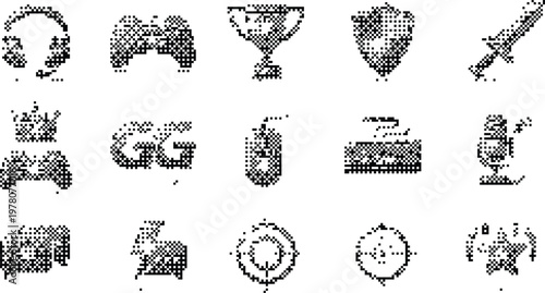 Gaming Icons Pixelated Bitmap Halftone Dotted Dither Vector Game Controller Headset Trophy Shield Sword Crown GG Grenade Mic Target Star