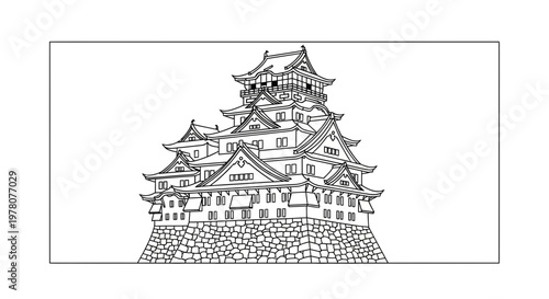 Japanese Castle Line Drawing - Traditional Architecture and Historical Landmark