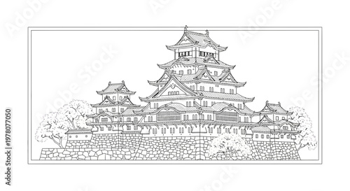 Japanese Castle Outline Drawing - Traditional Architecture and Historical Landmark