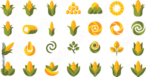 Corn Vector Set Collection with Maize Cobs Kernels and Farm Crop Icons