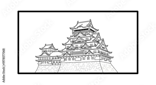 Japanese Castle Outline Drawing - Traditional Architecture, Historic Landmark