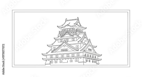 Japanese Castle Outline Drawing - Traditional Architecture Sketch