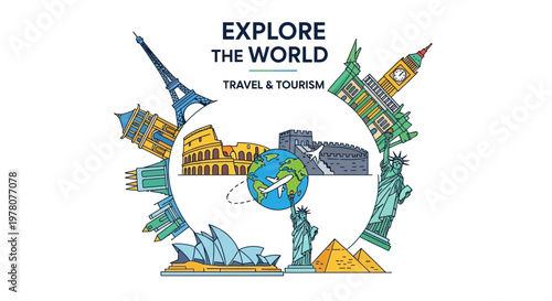 Explore The World Travel and Tourism Vector Art with Famous Landmarks