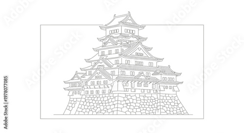 Japanese Castle Outline Drawing - Traditional Architecture, Historical Landmark