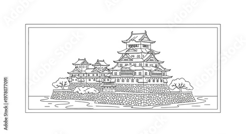 Japanese Castle Outline Drawing - Traditional Architecture, Historical Landmark