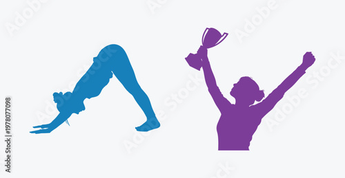 Two silhouettes of women representing a downward facing dog yoga pose and a triumphant victory.
