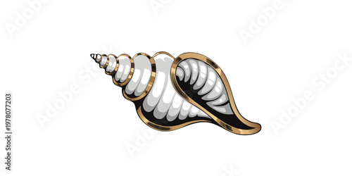 Luxury Gold Trim Conch Seashell Vector Illustration – Elegant Pearlescent Spiral Shell 3D Minimal Design Isolated on White