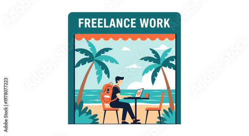 Freelance Work: Man working on laptop on tropical beach with palm trees