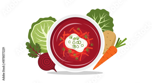 Flat Illustration of Beetroot Soup Borsch with Vegetables - Healthy Food Concept