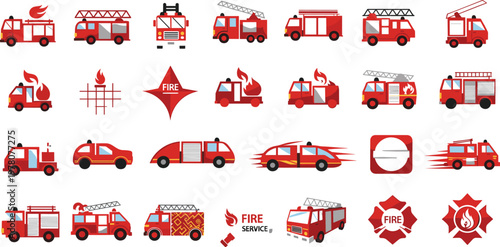 Fire Truck Vector Set Collection with Firefighter Vehicles Emergency Icons