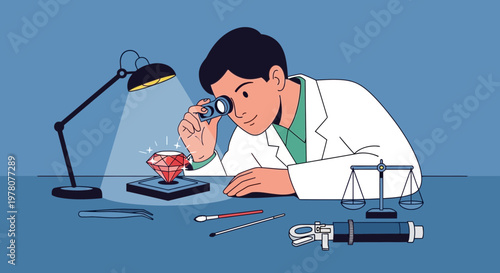 Gemologist Inspecting Diamond with Magnifying Glass, Precision Tools, and Scales