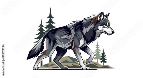 Geometric Wolf Walking in Pine Forest - Low Poly Style