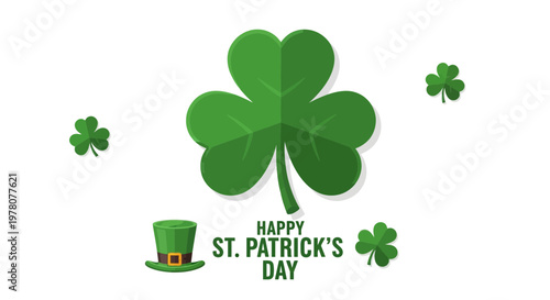 Happy St. Patrick's Day greeting with shamrocks and green hat