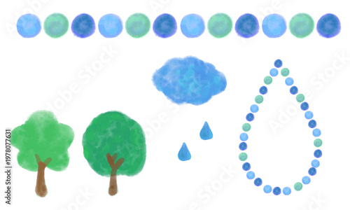 水彩ドットと自然モチーフの手描き風イラスト