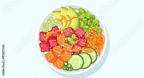 Hawaiian Poke Bowl Illustration with Salmon, Tuna, Avocado, Edamame, and Rice
