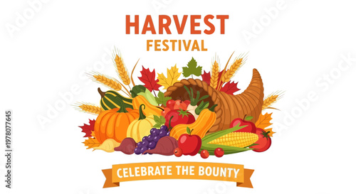 Harvest Festival Cornucopia with Pumpkins, Grapes, Apples, and Corn