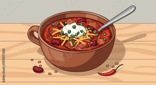 Hearty Chili Bowl with Sour Cream and Cheese Toppings on Wooden Table