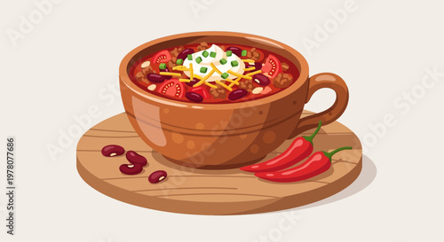 Hearty Chili Bowl with Toppings and Chili Peppers - Vector Illustration