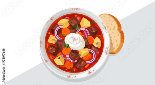 Hearty Stew with Bread Slice - Delicious Home-Cooked Meal Illustration