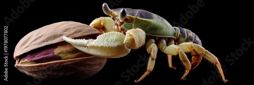 Macro shot of a vivid crab holding a pistachio in its claw against a black background.