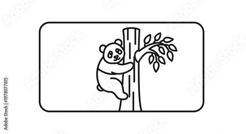 Cute Panda Climbing Bamboo Tree, Simple Line Art Illustration