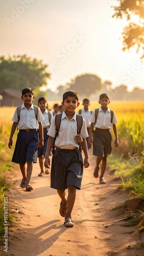 Indian school children walking on a rural path at sunset, carrying backpacks and wearing uniforms, heading home after school.