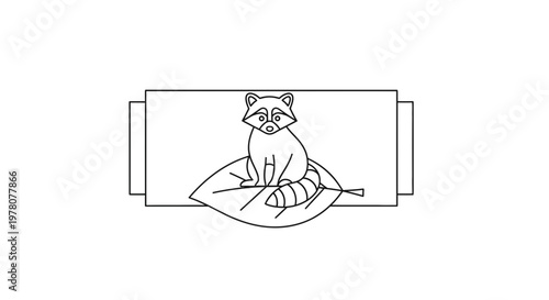 Cute Raccoon Sitting on a Leaf, Line Art Illustration