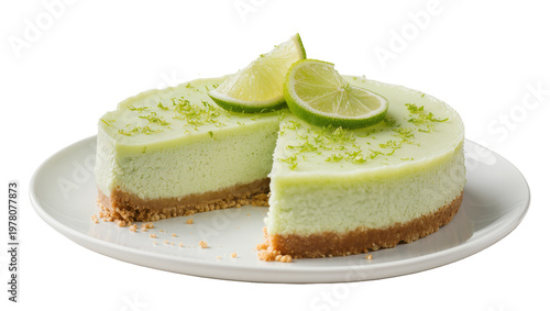Konstfotografi Key Lime Cheesecake Slice on White Plate with Lime Garnishes