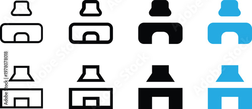 Set of fireplace icons in various styles, including thin line, bold line, solid black, and blue flat design