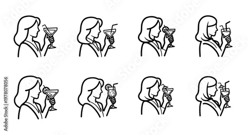 Woman enjoying various cocktails, presented as simple line art icons