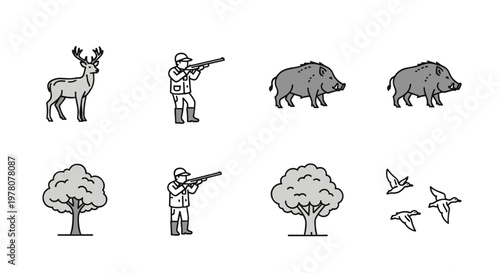 Hunting icons depicting deer, boar, ducks, trees, and hunters with rifles