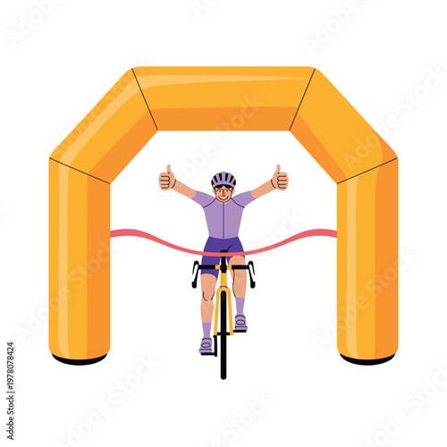 A triumphant cyclist crossing the finish line with a thumbs up